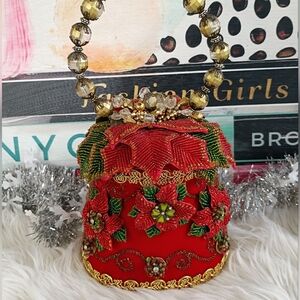Mary Frances Holiday Bell Red Velvet Christmas Floral Poinsettia Bucket Bag